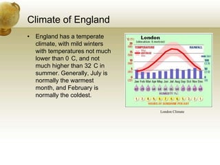 Climate of England<br />England has a temperate climate, with mild winters with temperatures not much lower than 0°C, and ...