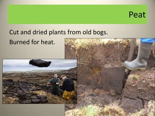 Peat
Cut and dried plants from old bogs.
Burned for heat.
 