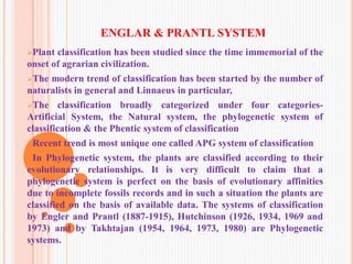 ENGLAR & PRANTL SYSTEM
Plant classification has been studied since the time immemorial of the
onset of agrarian civilization.
The modern trend of classification has been started by the number of
naturalists in general and Linnaeus in particular,
The classification broadly categorized under four categories-
Artificial System, the Natural system, the phylogenetic system of
classification & the Phentic system of classification
Recent trend is most unique one called APG system of classification
In Phylogenetic system, the plants are classified according to their
evolutionary relationships. It is very difficult to claim that a
phylogenetic system is perfect on the basis of evolutionary affinities
due to incomplete fossils records and in such a situation the plants are
classified on the basis of available data. The systems of classification
by Engler and Prantl (1887-1915), Hutchinson (1926, 1934, 1969 and
1973) and by Takhtajan (1954, 1964, 1973, 1980) are Phylogenetic
systems.
 