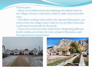 Tourist spots :
- About 200 traditional secular buildings the oldest house in
the village is home u-odd miner, built in 1668, renovated after
2004
- The oldest working water mill in the Apuseni Mountains, 300
meters from the village center; built in 1752 by Klára Toroczkai
is still used occasionally by the locals.
- Traces of several iron mine (mine holes, beginning galleries)
family tombs carved into the rock, unique in Romania, used
from generation to generation.
 