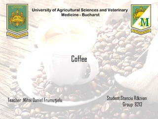Coffee
Student:Stanciu R zvană
Group: 8213
Teacher :Mihai Daniel Frumu eluș
University of Agricultural Sciences and Veterinary
Medicine - Bucharst
 