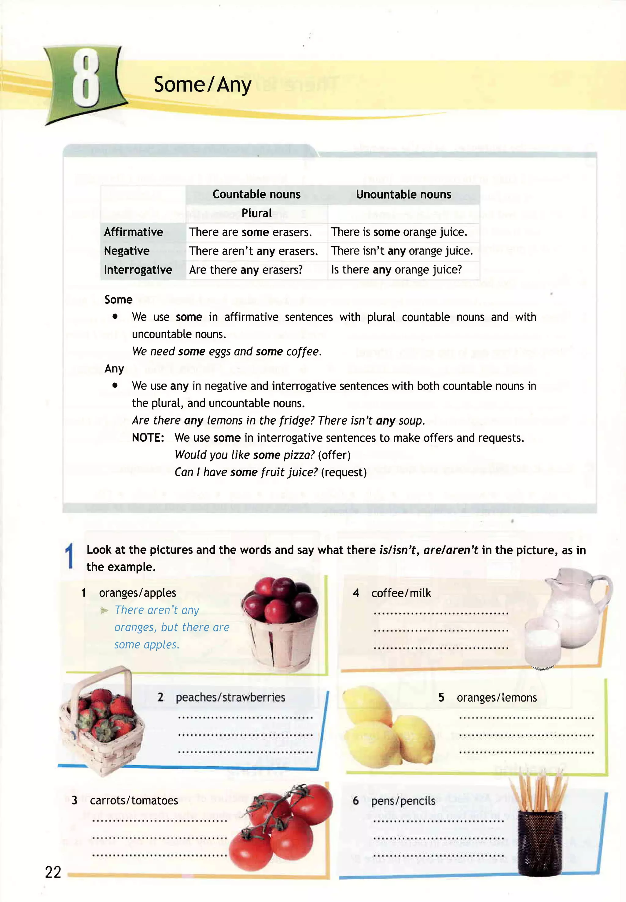 Some/Any



                           Countablenouns        Unountable   nouns
                               Plural
         Affirmative Therearesomeerasers. Thereis someorange     juice.
         Negative      Therearen'tanyerasers.Thereisn't any orange juice.
         Interrogative Arethereanyerasers? ls there any orange  juice?

         Some
          o We use somein affirmative   sentences with pluratcountabte nounsand with
             uncountabtenouns.
             Weneedsome   eggs some
                              and        coffee.
         Any
          o Weuseanyin negative interrogative
                                 and              sentences bothcountabte
                                                            with             nounsin
             the ptural, uncountabte
                       and            nouns.
             Are thereony |emons thefridge?
                                in            Thereisn'tany soup.
             NOTE:Weusesome interrogative
                               in               sentences make
                                                         to      offers requests.
                                                                       and
                          you
                     Would likesome     pizza?(offer)
                     Can havesome
                        I          fruit juice?(request)




       Lookat the pictures the words
                         and        andsaywhatthere islisn't,arelaren'tin the picture,asin
       the example.
      1 oranges/apptes                             4   coffee/mitk
        = Therearen'tany
          oranges, thereare
                 but
          someopples.
                                                                                  keerl




                                                                     5 oranges/temons




     3 carrots/tomatoes




22
 