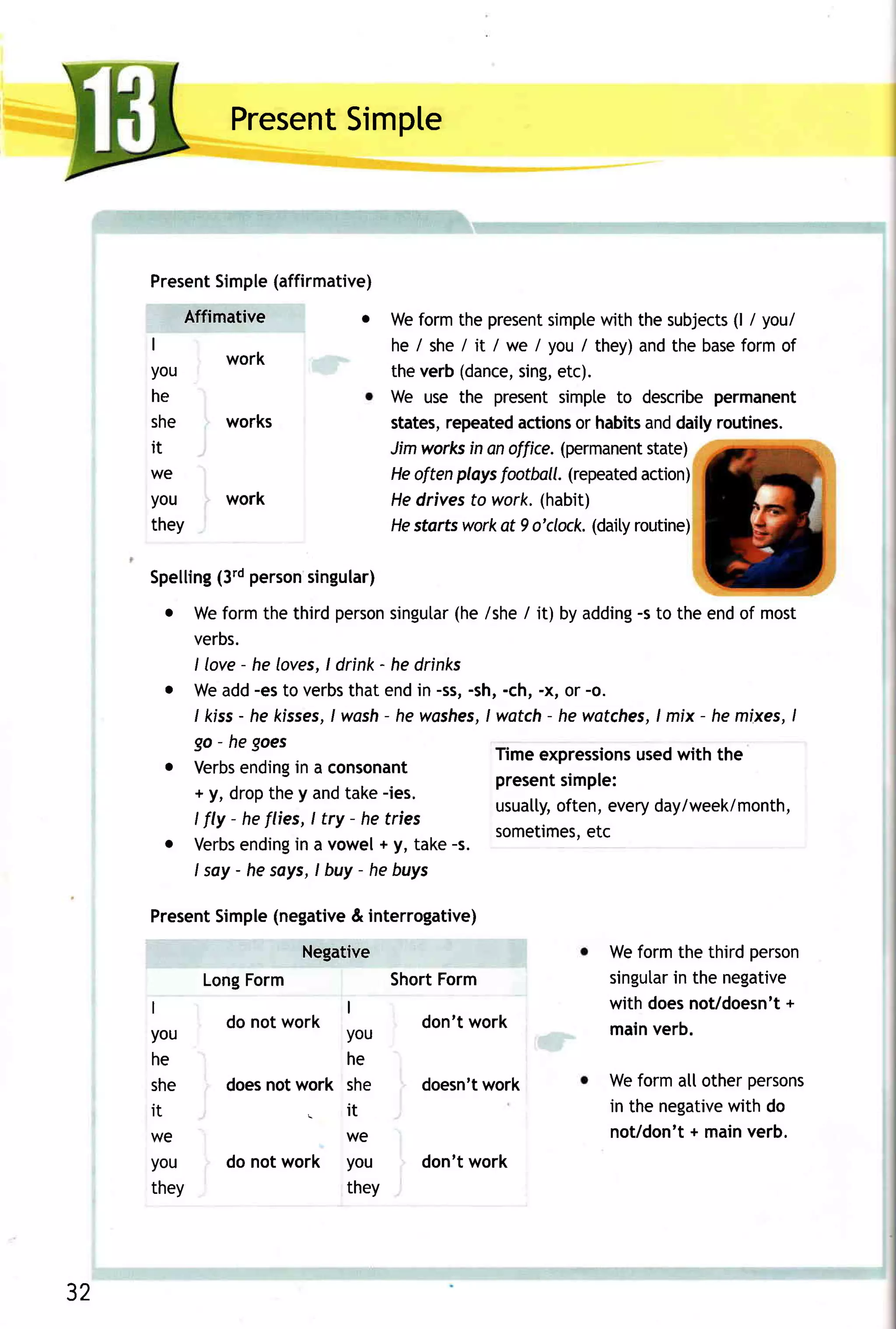 Present
                       Simple



     PresentSimple(affirmative)

           Affimative           o   Weformthe present   simptewith the subjects / you/
                                                                              (l
     I                              he / she/ it / we / you/ they)andthe base  formof
                work
     you                            theverb  (dance, etc).
                                                    sing,
     he                             We use the present   simpteto describe  permanent
     she        works               states,repeated actions habits dailyroutines.
                                                           or       and
     it                             Jim work in onoffice.(permanent  state)
     we                             Heoftenplaysfootbo{l. (repeated action)
     you        work                Hedrivesto work.(habit)
     they                           Hestartsworkat 9 o'clock.(daity
                                                                  routine)

     Spelling person
            (3'd   singular)
         o Weformthe third person              (he
                                        singutar /she/ it) by adding to the endof most
                                                                     -s
           verbs.
           I love- he loves, drink^ he drinks
                               I
         o Weadd-esto verbs       that endin -ss,-sh,-ch, -x, or -o.
           / kiss - he kfsses, wash- he washes,
                                I                  lwatch - he watches, mix - he mixes,I
                                                                        I
           go - he goes
                                                    Timeexpressions with the
                                                                     used
         o Verbs          in
                   ending a consonant
                                                    present  simple:
           + y, dropthey andtake-ies.
                                                    usualty,often,every day/week/month,
           I fly - he flies,I try - he tries
                                                    sometimes.   etc
         o Verbs   ending a vowel+ y, take-s.
                          in
           I say- he says, buy - hebuys
                             I

     Present
           Simple(negative interrogative)
                         &
                         Negative                             Weformthe third person
             LongForm               ShortForm                 singutar the negative
                                                                     in
     tl                                                       with doesnot/doesn't+
                do not work             don'twork             mainverb.
     you                    you
     he                     he
     she        does work she
                    not                 doesn't
                                             work             Weformall otherpersons
     it                     it                                in the negative do
                                                                            with
     we                     we                                not/don't + mainverb.
     you        do not work you         don'twork
     they                   they




32
 