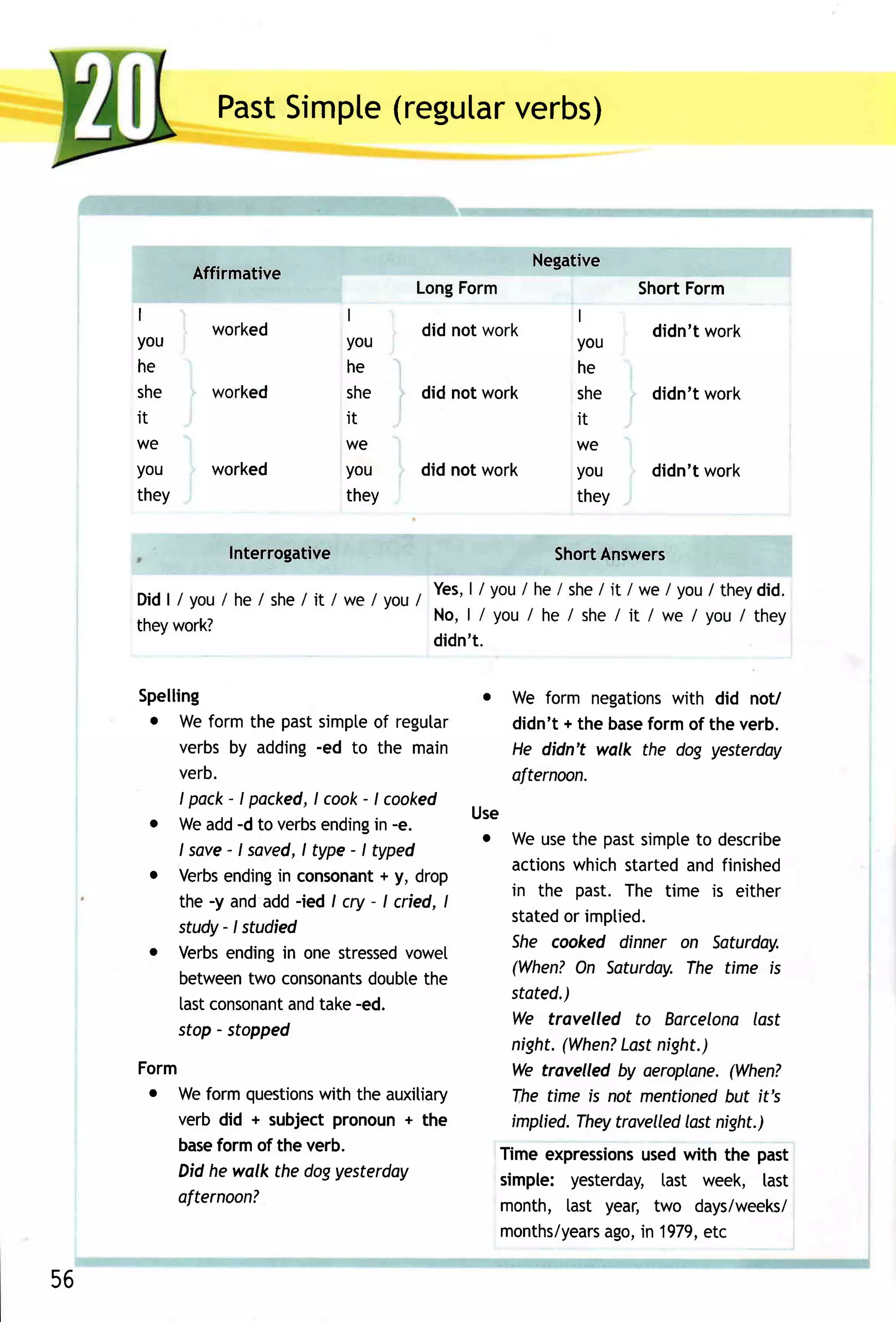 Past    (regutar
                  Simpte      verbs)



                                                       Negative
            Affirmative
                                       LongForm                   ShortForm
     I                          I                          I
              worked                    did not work                didn'twork
     you                        you                        you
     he                         he                         he
     she      worked            she     did not work       she      didn'twork
     it                         it                         it
     we                         we                         we
     you      worked            you    did not work        you      didn't work
     they                       they                       they

                Interrogative                            ShortAnswers
                                          Yes, / you/ he/ she/ it / we / you/ theydid.
                                              |
     Did| / you/ he / she/ it / we / you/
                                          No, | / you / he / she/ it / we / you / they
     theywork?
                                          didn't.

     Spelling                                   o We form negations     with did noU
      o Weformthe pastsimpte regutarof             didn't + the base formof the verb.
         verbsby adding-ed to the main             He didn't walk the dog yesterday
         verb.                                     afternoon.
         I pack-I packed, cook-I cooked
                            I
      o Weadd-d to verbs                       Use
                              ending -e.
                                    in
                                                o Weusethe pastsimpte describe
                                                                           to
         I sove- I saved, type - I typed
                          I
      o Verbs                                      actions whichstartedand finished
                                     +
               ending consonant y, drop
                      in
                                                   in the past. The time is either
         the -y andadd -ied I cry - l cried, I
                                                   stated implied.
                                                          or
         study- I studied
      o Verbs                                      She cooked dinner on Saturday.
               ending one stressed
                       in              vowel
                                                   (When? Saturday.
                                                           On             The time is
         between consonants
                   two             doubte the
                                                   stated.)
         lastconsonant take-ed.
                        and
                                                   We travelled to Barcelona last
         stop- stopped
                                                   night.(When? night.)
                                                                  Last
     Form                                          Wetrovelled by aeroplane.   (When?
      o Weformquestions the auxiliary
                             with                  The time is not mentioned it's
                                                                               but
         verb did + subjectpronoun+ the            implied. They travelled night.)
                                                                          last
         base form of the verb.                  Time expressions with the past
                                                                    used
         Did he walk the dogyesterday            simple:   yesterday,  last week, last
         afternoon?                              month, [ast year, two days/weeks/
                                                 months/years in 1979,
                                                          ago,       etc

56
 