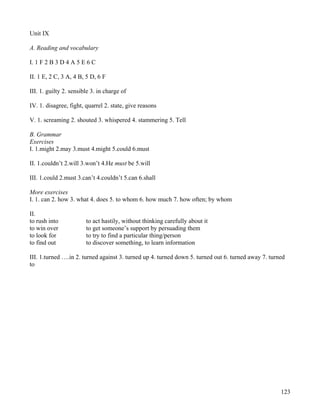 123
Unit IX
A. Reading and vocabulary
I. 1 F 2 B 3 D 4 A 5 E 6 C
II. 1 E, 2 C, 3 A, 4 B, 5 D, 6 F
III. 1. guilty 2. sensible 3. in charge of
IV. 1. disagree, fight, quarrel 2. state, give reasons
V. 1. screaming 2. shouted 3. whispered 4. stammering 5. Tell
B. Grammar
Exercises
I. 1.might 2.may 3.must 4.might 5.could 6.must
II. 1.couldn’t 2.will 3.won’t 4.He must be 5.will
III. 1.could 2.must 3.can’t 4.couldn’t 5.can 6.shall
More exercises
I. 1. can 2. how 3. what 4. does 5. to whom 6. how much 7. how often; by whom
II.
to rush into to act hastily, without thinking carefully about it
to win over to get someone’s support by persuading them
to look for to try to find a particular thing/person
to find out to discover something, to learn information
III. 1.turned ….in 2. turned against 3. turned up 4. turned down 5. turned out 6. turned away 7. turned
to
 
