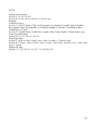 125
Unit XI
Reading and vocabulary.
Exercise I. 1.T; 2.F; 3.T; 4.T
Exercise II. 1.c; 2.a; 3.b; 4.c; 5.b; 6.a; 7.c; 8.a; 9.c; 10.c.
Grammar.
Conditional clauses.
Exercise I. 1.‘ll tell; 2.stand; 3.’ll be; 4.will you repay; 5.is; 6.burned; 7.wouldn’t open; 8.wouldn’t
have opened; 9.were; 10.would offer; 11.would have stopped; 12.will take; 13.would have taken;
14.had known; 15.’d tell
Exercise II. 1.wouldn’t know; 2.didn’t have; 3.speak; 4.heat; 5.asks; 6.hadn’t; 7.found; 8.press, seen;
9.stay; 10.wouldn’t print.
Exercise II. 1.A; 2.A; 3.B; 4.C; 5.B; 6.A
Expressing wishes.
Exercise I. 1.hadn’t worked; 2.hadn’t eaten; 3.had; 4.wouldn’t; 5.’ll finish; 6.had.
Exercise II. 1.‘ll have – had; 2.’ll have – had; 3.’ll have – had; 4.told – had told; 5.can – could; 6.had
leaved – had left
Phrasal verb ‘take’.
Exercise. 1.C; 2.B; 3.B; 4.A; 5.C; 6.C; 7.A; 8.B; 9.B; 10.A
 
