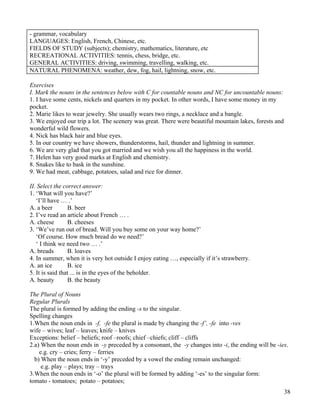 38
- grammar, vocabulary
LANGUAGES: English, French, Chinese, etc.
FIELDS OF STUDY (subjects); chemistry, mathematics, literature, etc
RECREATIONAL ACTIVITIES: tennis, chess, bridge, etc.
GENERAL ACTIVITIES: driving, swimming, travelling, walking, etc.
NATURAL PHENOMENA: weather, dew, fog, hail, lightning, snow, etc.
Exercises
I. Mark the nouns in the sentences below with C for countable nouns and NC for uncountable nouns:
1. I have some cents, nickels and quarters in my pocket. In other words, I have some money in my
pocket.
2. Marie likes to wear jewelry. She usually wears two rings, a necklace and a bangle.
3. We enjoyed our trip a lot. The scenery was great. There were beautiful mountain lakes, forests and
wonderful wild flowers.
4. Nick has black hair and blue eyes.
5. In our country we have showers, thunderstorms, hail, thunder and lightning in summer.
6. We are very glad that you got married and we wish you all the happiness in the world.
7. Helen has very good marks at English and chemistry.
8. Snakes like to bask in the sunshine.
9. We had meat, cabbage, potatoes, salad and rice for dinner.
II. Select the correct answer:
1. ‘What will you have?’
‘I’ll have … .’
A. a beer B. beer
2. I’ve read an article about French … .
A. cheese B. cheeses
3. ‘We’ve run out of bread. Will you buy some on your way home?’
‘Of course. How much bread do we need?’
‘ I think we need two … .’
A. breads B. loaves
4. In summer, when it is very hot outside I enjoy eating …, especially if it’s strawberry.
A. an ice B. ice
5. It is said that ... is in the eyes of the beholder.
A. beauty B. the beauty
The Plural of Nouns
Regular Plurals
The plural is formed by adding the ending -s to the singular.
Spelling changes
1.When the noun ends in -f, -fe the plural is made by changing the -f’, -fe into -ves
wife – wives; leaf – leaves; knife – knives
Exceptions: belief – beliefs; roof –roofs; chief –chiefs; cliff – cliffs
2.a) When the noun ends in -y preceded by a consonant, the -y changes into -i, the ending will be -ies.
e.g. cry – cries; ferry – ferries
b) When the noun ends in ‘-y’ preceded by a vowel the ending remain unchanged:
e.g. play – plays; tray – trays
3.When the noun ends in ‘-o’ the plural will be formed by adding ‘-es’ to the singular form:
tomato - tomatoes; potato – potatoes;
 