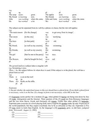57
e.g.
sg. sg. pl. pl.
The soup tastes great. The apples taste great.
My friend is learning now. My friends are learning now.
John was working when she came. John and Anne were working when she came.
He has worked a lot. We have worked a lot.
The subject can be separated from its verb by a phrase or clause, but the rule still applies
e.g.
‘The main reason [for the change] was to get away from its image’.
sg. sg.
That storm [in the city] was terrifying.
sg. sg.
The trees [in that park] were old.
pl. pl.
My friend, [as well as my cousins], likes swimming.
sg. sg.
My friends, [as well as my cousin], like swimming.
pl. pl.
The girl [that he met at the party] was nice.
sg. sg.
The flowers [that he bought for her] were red.
pl. pl.
The gerund used as a subject takes a singular verb
e.g. Swimming is nice.
There + be: the subject follows be when there is used. If the subject is in the plural, the verb has a
plural form as well
e.g.
There is a cat on the roof.
sg. sg.
There Are books on the table.
pl. pl.
Exercises
I. Decide whether the underlined nouns in this text should have a plural form. If you think a plural form
is necessary, write it on the line. If a change in form is not necessary, write OK on the line:
(1) Esperanto seems perfect for a modern (2) age, when global (3) barrier are being torn down by free
(4) trade, immigration and the Internet. Three quarters of the (5) word are from Romance languages
and the rest from Slavic, Greek and Germanic (6) tongue. Unlike that other global (7) language,
Esperanto puts everyone on a level playing field; native English (8) speaker make up only 10 percent of
the world population, but they expect everybody else to be as articulate as they are. Esperanto is five
(9) time easier to learn than English. As the language’s (10) popularity grew, so did fears. (adapted
from ‘Newsweek’, August 11, 2003)
(1) _____________ (6)_____________
(2) _____________ (7) _____________
(3) _____________ (8) _____________
 