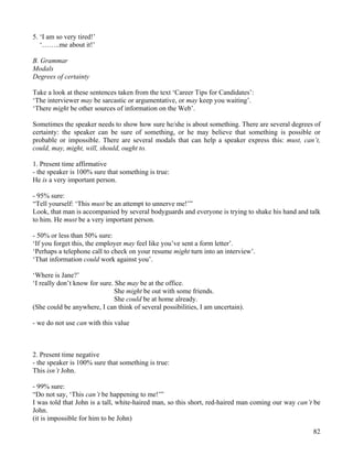 82
5. ‘I am so very tired!’
‘……..me about it!’
B. Grammar
Modals
Degrees of certainty
Take a look at these sentences taken from the text ‘Career Tips for Candidates’:
‘The interviewer may be sarcastic or argumentative, or may keep you waiting’.
‘There might be other sources of information on the Web’.
Sometimes the speaker needs to show how sure he/she is about something. There are several degrees of
certainty: the speaker can be sure of something, or he may believe that something is possible or
probable or impossible. There are several modals that can help a speaker express this: must, can’t,
could, may, might, will, should, ought to.
1. Present time affirmative
- the speaker is 100% sure that something is true:
He is a very important person.
- 95% sure:
“Tell yourself: ‘This must be an attempt to unnerve me!’”
Look, that man is accompanied by several bodyguards and everyone is trying to shake his hand and talk
to him. He must be a very important person.
- 50% or less than 50% sure:
‘If you forget this, the employer may feel like you’ve sent a form letter’.
‘Perhaps a telephone call to check on your resume might turn into an interview’.
‘That information could work against you’.
‘Where is Jane?’
‘I really don’t know for sure. She may be at the office.
She might be out with some friends.
She could be at home already.
(She could be anywhere, I can think of several possibilities, I am uncertain).
- we do not use can with this value
2. Present time negative
- the speaker is 100% sure that something is true:
This isn’t John.
- 99% sure:
“Do not say, ‘This can’t be happening to me!’”
I was told that John is a tall, white-haired man, so this short, red-haired man coming our way can’t be
John.
(it is impossible for him to be John)
 