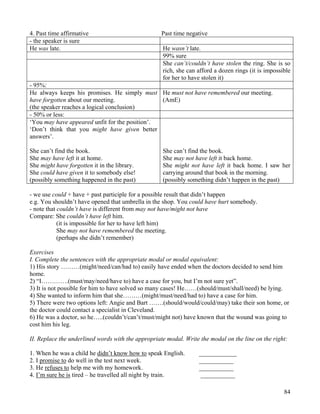 84
4. Past time affirmative Past time negative
- the speaker is sure
He was late. He wasn’t late.
99% sure
She can’t/couldn’t have stolen the ring. She is so
rich, she can afford a dozen rings (it is impossible
for her to have stolen it)
- 95%:
He always keeps his promises. He simply must
have forgotten about our meeting.
(the speaker reaches a logical conclusion)
He must not have remembered our meeting.
(AmE)
- 50% or less:
‘You may have appeared unfit for the position’.
‘Don’t think that you might have given better
answers’.
She can’t find the book.
She may have left it at home.
She might have forgotten it in the library.
She could have given it to somebody else!
(possibly something happened in the past)
She can’t find the book.
She may not have left it back home.
She might not have left it back home. I saw her
carrying around that book in the morning.
(possibly something didn’t happen in the past)
- we use could + have + past participle for a possible result that didn’t happen
e.g. You shouldn’t have opened that umbrella in the shop. You could have hurt somebody.
- note that couldn’t have is different from may not have/might not have
Compare: She couldn’t have left him.
(it is impossible for her to have left him)
She may not have remembered the meeting.
(perhaps she didn’t remember)
Exercises
I. Complete the sentences with the appropriate modal or modal equivalent:
1) His story ………(might/need/can/had to) easily have ended when the doctors decided to send him
home.
2) “I………….(must/may/need/have to) have a case for you, but I’m not sure yet”.
3) It is not possible for him to have solved so many cases! He……(should/must/shall/need) be lying.
4) She wanted to inform him that she………(might/must/need/had to) have a case for him.
5) There were two options left: Angie and Bart …….(should/would/could/may) take their son home, or
the doctor could contact a specialist in Cleveland.
6) He was a doctor, so he…..(couldn’t/can’t/must/might not) have known that the wound was going to
cost him his leg.
II. Replace the underlined words with the appropriate modal. Write the modal on the line on the right:
1. When he was a child he didn’t know how to speak English. ____________
2. I promise to do well in the test next week. ___________
3. He refuses to help me with my homework. ___________
4. I’m sure he is tired – he travelled all night by train. ___________
 