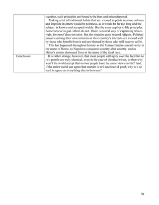 94
together, such principles are bound to be bent and misunderstood.
Making a list of traditional habits that are viewed as polite in some cultures
and impolite in others would be pointless, as it would be far too long and the
subject is known and accepted widely. But the same applies to life principles.
Some believe in god, others do not. There is no real way of explaining who is
right, for proof does not exist. But the situation goes beyond religion. Political
powers seeking their own interests or their country’s interests are viewed well
by those who benefit from it and are blamed by those who will have to suffer.
This has happened throughout history as the Roman Empire spread vastly in
the name of Rome, as Napoleon conquered country after country, and as
Hitler’s armies destroyed lives in the name of the ideal race.
Conclusion It is rather strange, however, that most people will agree over the fact that no
two people are truly identical, even in the case of identical twins, so then why
won’t the world accept that no two people have the same views on life? And,
if the entire world can agree that murder is evil and love id good, why is it so
hard to agree on everything else in-between?
 