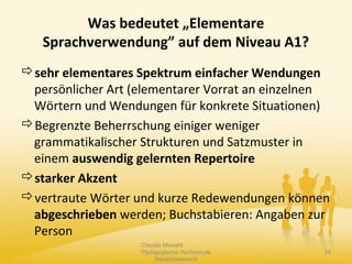 Was bedeutet „Elementare
Sprachverwendung” auf dem Niveau A1?
sehr elementares Spektrum einfacher Wendungen
persönlicher Art (elementarer Vorrat an einzelnen
Wörtern und Wendungen für konkrete Situationen)
Begrenzte Beherrschung einiger weniger
grammatikalischer Strukturen und Satzmuster in
einem auswendig gelernten Repertoire
starker Akzent
vertraute Wörter und kurze Redewendungen können
abgeschrieben werden; Buchstabieren: Angaben zur
Person
Claudia Mewald
Pädagogische Hochschule
Niederösterreich
16
 