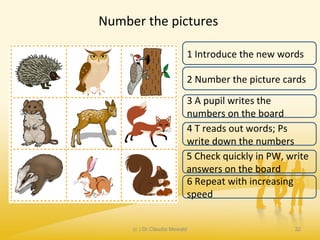 Number the pictures
(c ) Dr.Claudia Mewald 32
2 Number the picture cards
1 Introduce the new words
3 A pupil writes the
numbers on the board
4 T reads out words; Ps
write down the numbers
5 Check quickly in PW, write
answers on the board
6 Repeat with increasing
speed
 