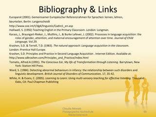Bibliography & Links
Claudia Mewald
Pädagogische Hochschule
Niederösterreich
65
Europarat (2001). Gemeinsamer Europäischer Referenzrahmen für Sprachen: lernen, lehren,
beurteilen. Berlin: Langenscheidt
http://www.coe.int/t/dg4/linguistic/Cadre1_en.asp
Halliwell, S. (1992) Teaching English in the Primary Classroom. London: Longman.
Karass, J., Braungart-Rieker, J., Mulllins, J., & Burke Lefever, J. (2002). Processes in language acquisition: the
roles of gender, attention, and maternal encouragement of attention over time. Journal of Child
Langauge, Vol.29.
Krashen, S.D. & Terrell, T.D. (1983). The natural approach: Language acquisition in the classroom.
London: Prentice Hall Europe.
Krashen, S.D. Principles and Practice in Second Language Acquisition . Internet Edition. Available at:
http://www.sdkrashen.com/Principles_and_Practice/index.html
Tomatis, Alfred.A (1991). The Conscious Ear, My life of Transformation through Listening. Barrytown, New
York: Station Hill Press.
Ward, S. (1984). Detecting abnormal behaviours in infancy: the relationship between such disorders and
linguistic development. British Journal of Disorders of Communication, 17, 35-42.
White, H. & Evans, C. (2005). Learning to Learn: Using multi-sensory teaching for effective listening. Thousand
Oaks, CA: Paul Chapman Publishing
 