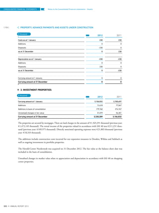 Notes to the Consolidated ﬁnancial statements – Assets
PROPERTY, ADVANCE PAYMENTS AND ASSETS UNDER CONSTRUCTION
2012 2011
Costs as at 1 January 230 230
Additions 0 0
Disposals -230 0
as at 31 December 0 230
Depreciation as at 1 January -230 -230
Additions 0 0
Disposals 230 0
as at 31 December 0 -230
Carrying amount at 1 January 0 0
Carrying amount at 31 December 0 0
3. INVESTMENT PROPERTIES
2012 2011
Carrying amount at 1 January 3,106,832 2,700,697
Additions 12,618 77,067
Additions to basis of consolidation 179,760 274,767
Unrealised changes in fair value 31,079 54,301
Carrying amount at 31 December 3,330,289 3,106,832
The properties are secured by mortgages. There are land charges in the amount of €1,565,291 thousand (previous year:
€1,472,149 thousand). The rental income of the properties valued in accordance with IAS 40 was €211,231 thou-
sand (previous year: €189,975 thousand). Directly associated operating expenses were €21,803 thousand (previous
year: €18,333 thousand).
The additions include construction costs incurred for our expansion measures in Dresden, Wildau and Sulzbach as
well as ongoing investments in portfolio properties.
The Herold-Center Norderstedt was acquired on 31 December 2012. The fair value at the balance sheet date was
included in the basis of consolidation.
Unrealised changes in market value relate to appreciation and depreciation in accordance with IAS 40 on shopping
center properties.
€ thousand
€ thousand
CONSOLIDATED FINANCIAL STATEMENTS
{ 158 }
DES ANNUAL REPORT 2012
 