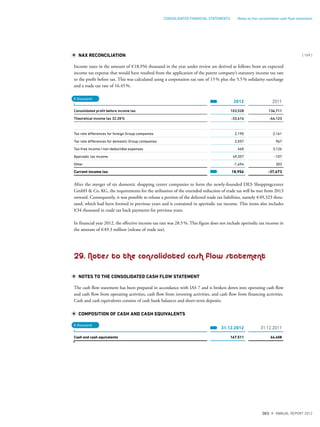 NAX RECONCILIATION
Income taxes in the amount of €18,956 thousand in the year under review are derived as follows from an expected
income tax expense that would have resulted from the application of the parent company’s statutory income tax rate
to the profit before tax. This was calculated using a corporation tax rate of 15% plus the 5.5% solidarity surcharge
and a trade tax rate of 16.45%.
2012 2011
Consolidated profit before income tax 103,528 136,711
Theoretical income tax 32.28% -33,414 -44,123
Tax rate differences for foreign Group companies 2,190 2,161
Tax rate differences for domestic Group companies 2,057 967
Tax-free income/non-deductible expenses 460 3,126
Aperiodic tax income 49,357 -107
Other -1,694 303
Current income tax 18,956 -37,673
After the merger of six domestic shopping center companies to form the newly-founded DES Shoppingcenter
GmbH & Co. KG, the requirements for the utilisation of the extended reduction of trade tax will be met from 2013
onward. Consequently, it was possible to release a portion of the deferred trade tax liabilities, namely €49,323 thou-
sand, which had been formed in previous years and is contained in aperiodic tax income. This items also includes
€34 thousand in trade tax back payments for previous years.
In financial year 2012, the effective income tax rate was 28.5%. This figure does not include aperiodic tax income in
the amount of €49.3 million (release of trade tax).
29. Notes to the consolidated cash flow statement
NOTES TO THE CONSOLIDATED CASH FLOW STATEMENT
The cash flow statement has been prepared in accordance with IAS 7 and is broken down into operating cash flow
and cash flow from operating activities, cash flow from investing activities, and cash flow from financing activities.
Cash and cash equivalents consists of cash bank balances and short-term deposits.
COMPOSITION OF CASH AND CASH EQUIVALENTS
31.12.2012 31.12.2011
Cash and cash equivalents 167,511 64,408
€ thousand
€ thousand
{ 169 }
DES ANNUAL REPORT 2012
CONSOLIDATED FINANCIAL STATEMENTS Notes to the consolidated cash ﬂow statement
 