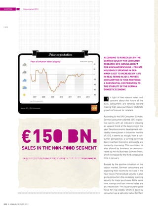 ACCORDING TO FORECASTS BY THE
GERMAN SOCIETY FOR CONSUMER
RESEARCH GFK (GESELLSCHAFT
FÜR KONSUMFORSCHUNG ), PRIVATE
HOUSEHOLD SPENDING IN GER-
MANY IS SET TO INCREASE BY 1.0%
IN REAL TERMS IN 2013. PRIVATE
CONSUMPTION IS THUS PROVIDING
A SUBSTANTIAL CONTRIBUTION TO
THE STABILITY OF THE GERMAN
DOMESTIC ECONOMY.
n light of low interest rates and
concern about the future of the
euro, consumers are tending toward
making high value purchases. Moderate
growth is forecast for retailers.
According to the GfK Consumer Climate,
German consumers started 2013 in posi-
tive spirits with all indicators showing
an upward trend at the beginning of the
year. Despite economic development noti-
ceably slowing down in the winter months
of 2012, it seems as though, from a con-
sumer perspective, a turning point has
been reached. Economic prospects are
currently improving. This sentiment is
also shared by business, as demonst-
rated by the Ifo Business Climate Index,
which increased for the third consecutive
time in January.
Buoyed by the positive situation on the
labour market, German consumers are
expecting their income to increase in the
near future. Perceived job security is also
giving consumers the necessary planning
security for major purchases. At the same
time, savings and loan interest rates are
at a record low. This is particularly good
news for real estate, which is seen by
consumers as a safe alternative for their
Price expectation
Source: GFK I EU-Commission
Fear of inflation eases slightly
I
Indicator points
Price expectation
SHOPPING
{ 22 }
DES ANNUAL REPORT 2012
Consumption 2013
 