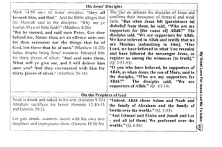 My creat Love For Jesus Led Me To lsliam 6ii 
-! 
lrs i:r9iF?; b; :: s 
ilgi;iti;?E*? aE-Eii;i:i$ it ,zaI:=: Ef$!g*;:E: r;= igl ;:;Es#;aii 
s;=li;Eet:s;=:l3,;i:EFi; li-l4; :€rg 
3e EEVE#s:!eEr =ei= o 
g 
e! : o 
t r V YE 
c € - ! r 
- = 1 t t 
; t r t r Y 
i5E c ! 5 
Ze E 
r9^EF 
: ! n € ; . ' - . i - d 
e;i E f l 
G G a v c € o . 
a E . : s 
, . t , ' i . 2 , 
! c ! ; l - l - 
;5F=F^ - < l t t r : . c 
E o " ! Y : 
5 =: E E: 
:s3.=-: 
€ E : e o'., 
€=d y'F7:;E, r= 5 
r - - - - 
for thou savourest not the things that be of are Muslims [submitting to Him). "Our 
God, but those that be of men." (Matthcw 16:23) Lord, we have believed in whaf You revealed 
Judas. despite being Jesus' trcasurer. betrayed him and have followed the messenger Jesus, so 
for thirty pieces of silver; "And said unto them, register us among the witnesses [to truth)." 
Vhat will ye give me, and I will deliver him (Q. 3:52-53) 
unto you? And they covenanted with him for "0 you who have believed, be supporters of 
thirty pieces of silver." (Matthew 26: 14) Allah, as when Jesus, the son of Mary, said to 
=e i iii r: riEE 
E',,!v:E'!'f!;;g;ne4;igEr=p= 
t - ; | . i F, ? " ! - . a_ 7 - ^ ie i€ i =;-i g ,Ezl 
= € . = a z = - = t 7 - Z i iiz::;4i:i!:: 
liz=:: EizZzT-u 
:i:; i; tE:izEi 
z ' d . i = j E = : . ' / . , . 4 2 J 
l::.E;fi2,2,j2i7 
iE:=2= i ':2=v1 =t i : : 4:: i i - : € ?') ),L 
_52.=_.=7-:i€E-3 
a Z r = : + ' - a 1 ' * t i . = 
> . : € . ? Z € o : , e i = f , 
> . . : 
q a 
.=;o , 
F i , 
o c - 
. E 
,r) -. 
D r 
- E r 
: ; 
a.l r 
v o - c 
j o 
5 Y 
- 7 
6 
E a , 
- * . 
- : " 
- - a D 
z<a 
On Jesus' Disciples 
Mark 14:50 says of Jesus' disciples: "they all The Qur 'an defends thc disciples of Jesus and 
forsook him, and fled." And the Bible alleges that confirms their innocence of betrayal and weak 
thc Messiah said to the disciples: "Why are yc faith. "But when Jesus felt [persistence in) 
fearful. 0 ye of little faith?" (Matthew 8:26) disbelief from them, he said, "Who are my 
"But he turned, and said unto Peter, Get thee supporters for [the cause of) Allah?" The 
behind me, Satan: thou art an offence unto me: 
disciples said, "We are supporters for Allah. 
We have believed in Allah and testify that we 
the disciples, "Who are my supporters for 
Allah?" The disciples said, "We are 
supporters of Allah." (Q. 61: 14) 
On the Prophets of God 
Noah is drunk and naked in his tent. (Gcnesis 9:21 ) "Indeed, Allah chose Adam and Noah and 
Abraham sacrifices his honor (Genesis 12: 10-15 the family of Abraham and the family of 
and Genesis 20:2). Imran over the worlds." (Q. 3:33) 
"And Ishmael and Elisha and Jonah and Lot 
Lot gets drunk. commits incest with his own two - and all lof them) We preferred over the 
daughters and impregnates them. (Gcncsis 19:30-36) worlds." (Q. 6:86) 
 