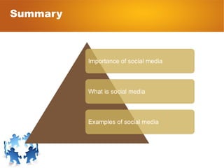 Summary Importance of social media What is social media Examples of social media 