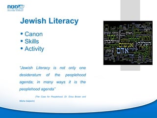 Canon Skills Activity “ Jewish Literacy is not only one desideratum of the peoplehood agenda; in many ways it is the peoplehood agenda”  (The Case for Peoplehood, Dr. Erica Brown and Misha Galperin) Jewish Literacy 