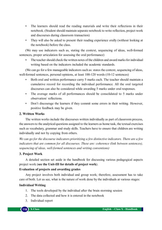 English - Class X - Handbook118 X Class
• The learners should read the reading materials and write their reflections in their
notebook. (Student should maintain separate notebook to write reflection, project work
and discourses during classroom transaction)
• They will also be asked to present their reading experience orally (without looking at
the notebook) before the class.
(We may use indicators such as, stating the context, sequencing of ideas, well-formed
sentences, proper articulation for assessing the oral performance)
• The teacher should check the written notes of the children and award marks for individual
writing based on the indicators included the academic standards.
(We can go for a few manageable indicators such as: states the context, sequencing of ideas,
well-formed sentences, personal opinions, at least 100-120 words (10-12 sentences)
• Both oral and written performance carry 5 marks each. The teacher should maintain a
cumulative record for recording the individual performance. All the oral targeted
discourses can also be considered while awarding 5 marks under oral responses.
• The average marks of all performances should be consolidated to 5 marks under
observation/ reflections.
• Don’t discourage the learners if they commit some errors in their writing. However,
positive feedback may be given.
2. Written Works
The written works include the discourses written individually as part of classroom process,
the answers to the analytical questions assigned to the learners as home task, the textual exercises
such as vocabulary, grammar and study skills. Teachers have to ensure that children are writing
individually and not by copying from others.
We can go for the discourse indicators prioritizing a few distinctive indicators. There are a few
indicators that are common for all discourses. These are: coherence (link between sentences),
sequencing of ideas, well-formed sentences and writing conventions)
3. Project Work
A detailed section set aside in the handbook for discussing various pedagogical aspects
project work (see the Unit-III for details of project work).
Evaluation of projects and awarding grades
Any project involves both individual and group work; therefore, assessment has to take
care of both. Let us see, what is the nature of work done by the individuals at various stages:
Individual Writing
1. The tools developed by the individual after the brain storming session
2. The data collected and how it is entered in the notebook
3. Individual report
 
