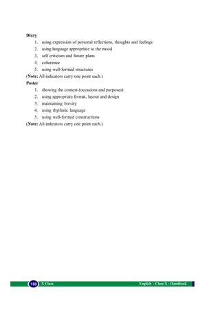 English - Class X - Handbook150 X Class
Diary
1. using expression of personal reflections, thoughts and feelings
2. using language appropriate to the mood
3. self criticism and future plans
4. coherence
5. using well-formed structures
(Note: All indicators carry one point each.)
Poster
1. showing the context (occasions and purposes)
2. using appropriate format, layout and design
3. maintaining brevity
4. using rhythmic language
5. using well-formed constructions
(Note: All indicators carry one point each.)
 