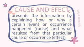 CAUSE AND EFECT
presents the information by
explaining how or why a
certain event or occurrence
happened (cause) and what
resulted from that particular
cause or occurrence (effect).
 