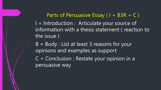 Parts of Persuasive Essay ( I + B3R + C )
I = Introduction : Articulate your source of
information with a thesis statement ( reaction to
the issue )
B = Body : List at least 3 reasons for your
opinions and examples as support
C = Conclusion : Restate your opinion in a
persuasive way
 