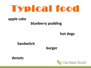 Typical food apple cake   blueberry pudding hot dogs Sandwitch   burger donuts 