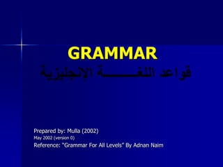 GRAMMAR



Prepared by: Mulla (2002)
May 2002 (version 0)
Reference: “Grammar For All Levels” By Adnan Naim
 