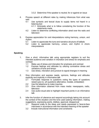 3.3.2 Determine if the speaker is neutral, for or against an issue

     4.    Process speech at different rates by making inferences from what was
           said
           4.1   Use syntactic and lexical clues to supply items not heard in a
                 listening text
                 4.1.1 Anticipate what is to follow considering the function of the
                         statements made
           4.2   Listen to determine conflicting information aired over the radio and
                 television

     5.    Express appreciation for oral interpretations noting harmony, unison, and
           rhythm
           5.1   Listen to appreciate the tune and narrative structure of ballads
           5.2   Listen to appreciate harmony, unison, and rhythm in choric
                 interpretations


Speaking

     1.    Give a short, informative talk using appropriate registers to suit the
           intended audience and variation in intonation and stress for emphasis and
           contrast
           1.1    Make use of stress and intonation for emphasis and contrast
           1.2    Express feelings and attitudes by utilizing contrastive stress and
                  variations of tone and tempo
           1.3    Use stress, intonation and juncture to signal changes in meaning

     2.    Give information and express needs, opinions, feelings and attitudes
           explicitly and implicitly in informative talk
           2.1     Formulate response to questions noting the types of questions
                   raised (yes-no, wh-questions alternative, modals, embedded)
           2.2     Use the telephone to make inquiries
           2.3     Give information obtained from mass media: newspapers, radio,
                   television
           2.4     Use audio-visual aids to highlight important points in an informative
                   talk

     3.    Infer the function of utterance and respond accordingly taking into account
           the context of the situation and the tone used (asking information, making
           suggestions, expressing wants, dislikes, approval, disapproval
           3.1     Respond orally to the ideas and needs expressed in face-to-face
                   interviews in accordance with the intended meaning of the speaker
           3.2     Include instructional information and constraints




                                                                                       19
 