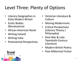 Level Three: Plenty of Options
• Literary Geographies in
Early Modern Britain
• Erotic Bodies
(Renaissance)
• African-American Novel
• Writing Ireland
• Writing India
• Postcolonial Perspectives
• Victorian Literature &
Culture
• Moving Modernisms
• Critical Perspectives
(Literary Theory /
Philosophy)
• Post-War & Late-
Twentieth-Century
Literature
• Modern British Poetry
• Post-Millennial Fiction
11
 