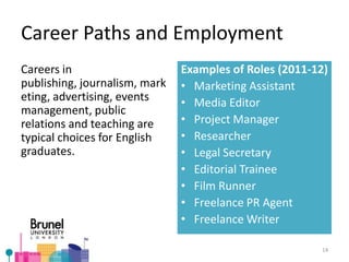 Career Paths and Employment
Careers in
publishing, journalism, mark
eting, advertising, events
management, public
relations and teaching are
typical choices for English
graduates.
Examples of Roles (2011-12)
• Marketing Assistant
• Media Editor
• Project Manager
• Researcher
• Legal Secretary
• Editorial Trainee
• Film Runner
• Freelance PR Agent
• Freelance Writer
14
 