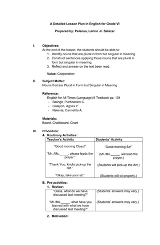 A Detailed Lesson Plan in English for Grade VI
Prepared by: Pelaosa, Larino Jr. Salazar

I.

Objectives:
At the end of the lesson, the students should be able to:
1. Identify nouns that are plural in form but singular in meaning.
2. Construct sentences applying those nouns that are plural in
form but singular in meaning.
3. Reflect and answer on the text been read.
Value: Cooperation

II.

Subject Matter:
Nouns that are Plural in Form but Singular in Meaning
Reference:
English for All Times (Language) 6 Textbook pp. 104
- Balingit, Purificacion C.
- Galapon, Agnes P.
- Relente, Carmelita A.
Materials:
Board, Chalkboard, Chart

III.

Procedure:
A. Routinary Activities:
Teacher’s Activity

Students’ Activity

“Good morning Class!”

“Good morning Sir!”

“Mr. /Ms._____, please leads the
prayer.”

(Mr./Ms._____, will lead the
prayer.)

“Thank You, kindly pick-up the
dirt.”

(Students will pick-up the dirt.)

“Okay, take your sit.”

(Students will sit properly.)

B. Pre-activities:
1. Review:
“Class, what do we have
discussed last meeting?”
“Mr./Ms._____, what have you
learned with what we have
discussed last meeting?”
2. Motivation:

(Students’ answers may vary.)

(Students’ answers may vary.)

 