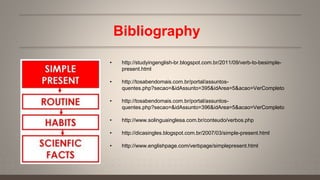 Bibliography
• http://studyingenglish-br.blogspot.com.br/2011/09/verb-to-besimple-
present.html
• http://tosabendomais.com.br/portal/assuntos-
quentes.php?secao=&idAssunto=395&idArea=5&acao=VerCompleto
• http://tosabendomais.com.br/portal/assuntos-
quentes.php?secao=&idAssunto=396&idArea=5&acao=VerCompleto
• http://www.solinguainglesa.com.br/conteudo/verbos.php
• http://dicasingles.blogspot.com.br/2007/03/simple-present.html
• http://www.englishpage.com/verbpage/simplepresent.html
 