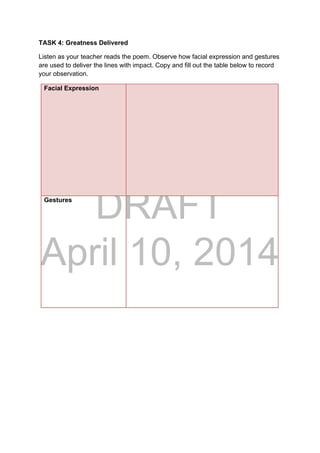 DRAFT
April 10, 2014
TASK 4: Greatness Delivered
Listen as your teacher reads the poem. Observe how facial expression and gestures
are used to deliver the lines with impact. Copy and fill out the table below to record
your observation.
Facial Expression
Gestures
 