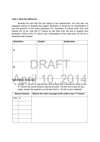 DRAFT
April 10, 2014
Task 3: Spot the Difference
Illustrate the man with the hoe based on two perspectives. You may also use
magazine cutouts to illustrate the subject. Illustration A should be an interpretation of
how the persona of the poem perceives him. Illustration B should show how God
intends him to be. Use the 2nd
column to cite lines from the text to support your
illustration. Write on the 3rd
column your interpretation of the cited lines. Do this on a
separate sheet of paper.
Task 4: Music to my ears
A. Use the 1st
column to write the last word of each line in Sonnet 29. Write on the
2nd
column the rhyme scheme used by the poet. The first one is done for you.
Lastly, answer the questions on the last column. Do this in your notebook.
Rhyme Scheme What is the main message of the octet or the 1st
8 lines?
poor A
Illustration Citation Explanation
A
B
 