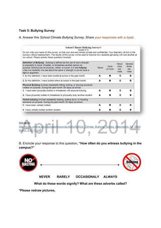 DRAFT
April 10, 2014
Task 5: Bullying Survey
A. Answer this School Climate Bullying Survey. Share your responses with a dyad.
SOURCE:
http://curry.virginia.edu/uploads/resourceLibrary/School_Climate_Bullying_Survey_Description_for_Distri
bution_5-22-12.pdf 
 
B. Encircle your response to this question, “How often do you witness bullying in the
campus?”
NEVER RARELY OCCASIONALY ALWAYS
What do these words signify? What are these adverbs called?
*Please redraw pictures.
 