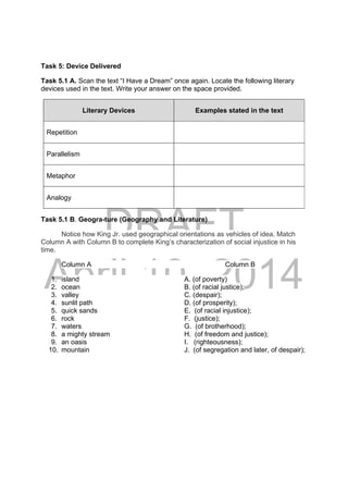 DRAFT
April 10, 2014
Task 5: Device Delivered
Task 5.1 A. Scan the text “I Have a Dream” once again. Locate the following literary
devices used in the text. Write your answer on the space provided.
Literary Devices Examples stated in the text
Repetition
Parallelism
Metaphor
Analogy
Task 5.1 B. Geogra-ture (Geography and Literature)
Notice how King Jr. used geographical orientations as vehicles of idea. Match
Column A with Column B to complete King’s characterization of social injustice in his
time.
Column A Column B
1. island A. (of poverty)
2. ocean B. (of racial justice);
3. valley C. (despair);
4. sunlit path D. (of prosperity);
5. quick sands E. (of racial injustice);
6. rock F. (justice);
7. waters G. (of brotherhood);
8. a mighty stream H. (of freedom and justice);
9. an oasis I. (righteousness);
10. mountain J. (of segregation and later, of despair);
 