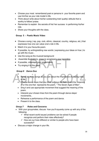 DRAFT
April 10, 2014
18 
 
 Choose your most remembered poet or persona in your favorite poem and
use him/her as your role model in life.
 Think about/ write about his/her outstanding trait/ quality/ attitude that is
worthy to follow/ praise.
 Remember to explain the secrets of his/ her success in performing his/her
role.
 Share your thoughts with the class.
Group 5 - Poetic Music Video
 Choose a song ( rap, pop, rock, ethnic, classical, country, religious, etc.) that
expresses how one can value one’s role in life.
 Match it to your favourite poem.
 If possible, try writing/adding new words ( expressing your ideas on how ) to
go with the music .
 Use the song as the musical background
 .Assemble illustrations, props to accompany your recording.
 If possible, videotape your presentation.
 Try singing it to the class.
Group 6 Dance Duo

 Recall as many songs as you can about the importance of playing roles
in life.
 Choose some music that you think conveys the feeling and the meaning
of or the one that represents the poem, ” The Seven Ages of Man” .
 Sing it and use appropriate movement that suggest the meaning of the
poem.
 Interpret your chosen lines from the poem through dance steps/
movements..
 Rehearse a performance of the poem and dance.
 Present it to the class.
Group 7 Roles and Concerns
 With your groupmates, discuss how you’ll squarely come up with any of the
following:
 What recent world issues/ problems can be solved if people
recognize and perform their roles effectively?
 How are our lives different or similar to people who have been
successful?
 Discuss a major change in your life.
 