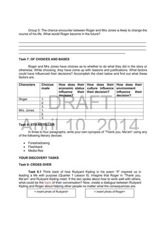 DRAFT
April 10, 2014
Group 5: The chance encounter between Roger and Mrs Jones is likely to change the
course of his life. What would Roger become in the future?
_________________________________________________________________________
_________________________________________________________________________
_________________________________________________________________________
_____________________________________________________________
Task 7: OF CHOICES AND BASES
Roger and Mrs Jones have choices as to whether to do what they did in the story or
otherwise. While choosing, they have come up with reasons and justifications. What factors
could have influenced their decisions? Accomplish the chart below and find out what these
factors are.
Characters Choices
made
How does their
economic status
influence their
decision?
How does their
culture influence
their decision?
How does their
environment
influence their
decision?
Roger 1.
2.
3.
Mrs. Jones 1.
2.
3.
Task 8: STO-RETELLER
In three to four paragraphs, write your own synopsis of “Thank you, Ma’am” using any
of the following literary devices:
 Foreshadowing
 Flashback
 Media Res
YOUR DISCOVERY TASKS
Task 9: CROSS OVER
Task 9.1 Think back of how Rudyard Kipling in his poem “If” inspired us in
leading a life with purpose (Quarter 1 Lesson 8). Imagine that Roger in “Thank you,
Ma’am” and Rudyard Kipling meet. If the two spoke about how to work well with others,
what could be the topic of their conversation? Now, create a dialogue between Rudyard
Kipling and Roger about helping other people no matter what the consequences are.
< insert photo of Rudyard> < insert photo of Roger> 
 
