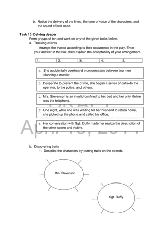 DRAFT
April 10, 2014
b. Notice the delivery of the lines, the tone of voice of the characters, and
the sound effects used.
Task 10. Delving deeper
Form groups of ten and work on any of the given tasks below.
a. Tracking events
Arrange the events according to their occurrence in the play. Enter
your answer in the box, then explain the acceptability of your arrangement.
1. 2. 3. 4. 5.
b. Discovering traits
1. Describe the characters by putting traits on the strands.
a. She accidentally overheard a conversation between two men
planning a murder.
d. One night, while she was waiting for her husband to return home,
she picked up the phone and called his office.
c. Mrs. Stevenson is an invalid confined to her bed and her only lifeline
was the telephone.
b. Desperate to prevent the crime, she began a series of calls--to the
operator, to the police, and others.
e. Her conversation with Sgt. Duffy made her realize the description of
the crime scene and victim.
 
Mrs. Stevenson
 
Sgt. Duffy
 