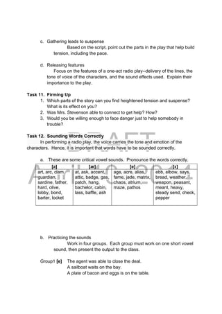 DRAFT
April 10, 2014
c. Gathering leads to suspense
Based on the script, point out the parts in the play that help build
tension, including the pace.
d. Releasing features
Focus on the features of a one-act radio play--delivery of the lines, the
tone of voice of the characters, and the sound effects used. Explain their
importance to the play.
Task 11. Firming Up
1. Which parts of the story can you find heightened tension and suspense?
What is its effect on you?
2. Was Mrs. Stevenson able to connect to get help? How?
3. Would you be willing enough to face danger just to help somebody in
trouble?
Task 12. Sounding Words Correctly
In performing a radio play, the voice carries the tone and emotion of the
characters. Hence, it is important that words have to be sounded correctly.
a. These are some critical vowel sounds. Pronounce the words correctly.
 
b. Practicing the sounds
Work in four groups. Each group must work on one short vowel
sound, then present the output to the class.
Group1 [e] The agent was able to close the deal.
A sailboat waits on the bay.
A plate of bacon and eggs is on the table.
[a] [æ] [e] [ε]
art, arc, clam,
guardian,
sardine, father,
hard, olive,
lobby, bond,
barter, locket
at, ask, accent,
attic, badge, gas,
patch, hang,
bachelor, cabin,
lass, baffle, ash
age, acre, alias,
fame, jade, matrix,
chaos, atrium,
maze, pathos
ebb, elbow, says,
bread, weather,
weapon, peasant,
meant, heavy,
steady send, check,
pepper
 