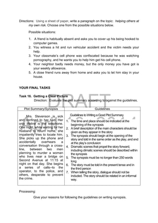 DRAFT
April 10, 2014
Directions: Using a sheet of paper, write a paragraph on the topic: helping others at
my own risk. Choose one from the possible situations below.
Possible situations:
1. A friend is habitually absent and asks you to cover up his being hooked to
computer games.
2. You witness a hit and run vehicular accident and the victim needs your
help.
3. Your classmate’s cell phone was confiscated because he was watching
pornography, and he wants you to help him get his cell phone.
4. Your neighbor badly needs money, but the only money you have got is
your weekly allowance.
5. A close friend runs away from home and asks you to let him stay in your
house.
YOUR FINAL TASKS
Task 16. Getting a Clear Picture
Direction: Evaluate the plot summary according to/against the guidelines.
Plot Summary/Synopsis Guidelines
Mrs. Stevenson is sick
and confined to her bed. Her
only lifeline is the telephone.
One night, while waiting for her
husband to return home, she
impatiently tries to locate him.
She picks up the phone and
accidentally overhears a
conversation through a cross-
line, between two men
planning to murder a woman
who lives near a bridge on
Second Avenue at 11:15 at
night on that day. She begins
a series of calls--to the
operator, to the police, and
others, desperate to prevent
the crime.
Guidelines to Writing a Good Plot Summary
1. The time and place should be indicated at the
beginning of the synopsis
2. A brief description of the main characters should be
given as they appear in the story
3. The synopsis should begin at the opening of the
story and told in the same order as the play, and end
at the play’s conclusion
4. Dramatic scenes that propel the story forward,
including climatic scenes should be described within
the synopsis
5. The synopsis must be no longer than 250 words
long
6. The story must be told in the present tense and in
the third person
7. When telling the story, dialogue should not be
included. The story should be related in an informal
way.
Processing:
Give your reasons for following the guidelines on writing synopsis.
 