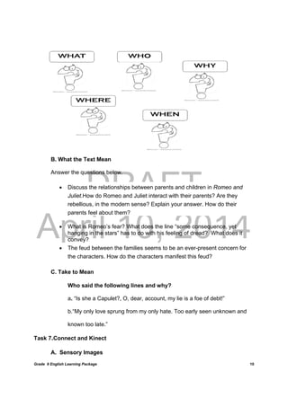 DRAFT
April 10, 2014
Grade 9 English Learning Package
	
10
B. What the Text Mean
Answer the questions below.
 Discuss the relationships between parents and children in Romeo and
Juliet.How do Romeo and Juliet interact with their parents? Are they
rebellious, in the modern sense? Explain your answer. How do their
parents feel about them?
 What is Romeo’s fear? What does the line “some consequence, yet
hanging in the stars” has to do with his feeling of dread? What does it
convey?
 The feud between the families seems to be an ever-present concern for
the characters. How do the characters manifest this feud?
C. Take to Mean
Who said the following lines and why?
a. “Is she a Capulet?, O, dear, account, my lie is a foe of debt!”
b.“My only love sprung from my only hate. Too early seen unknown and
known too late.”
Task 7.Connect and Kinect
A. Sensory Images
 
