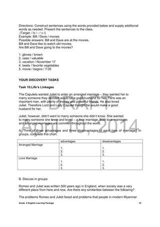 DRAFT
April 10, 2014
Grade 9 English Learning Package
	
16
Directions: Construct sentences using the words provided below and supply additional
words as needed. Present the sentences to the class.
(Target: / b / - / v /)
Example: Bill / Dave / movies
Possible answers: Bill and Dave are at the movies.
Bill and Dave like to watch old movies.
Are Bill and Dave going to the movies?
1. gloves / brown
2. vase / valuable
3. vacation / November 17
4. beets / favorite vegetables
5. movie / begins / 7:05
YOUR DISCOVERY TASKS
Task 10.Life’s Linkages
The Capulets wanted Juliet to enter an arranged marriage – they wanted her to
marry someone they decided would be a good husband for her. Paris was an
important man, with plenty of money and powerful friends. He also loved
Juliet. Therefore Lord and Lady Capulet thought he would make a good
husband for her.
Juliet, however, didn’t want to marry someone she didn’t know. She wanted
to marry someone she knew and loved – a love marriage. Both love marriages
and arranged marriages are common throughout the world.
A. Think of three advantages and three disadvantages of each type of marriage? In
groups, complete this chart.
advantages disadvantages
Arranged Marriage
1.
2.
3.
1.
2.
3.
Love Marriage
1.
2.
3.
1.
2.
3.
B. Discuss in groups:
Romeo and Juliet was written 500 years ago in England, when society was a very
different place from here and now. Are there any similarities between the following?
The problems Romeo and Juliet faced and problems that people in modern Myanmar
 
