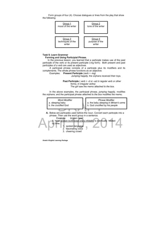 DRAFT
April 10, 2014
Grade 9 English Learning Package
Form groups of four (4). Choose dialogues or lines from the play that show
the following:
Task 9. Learn Grammar
Forming and Using Participial Phrase.
In the previous lesson, you learned that a participle makes use of the past
participle of the verb or its present participle (-ing form). Both present and past
participles of a verb are used as adjectives.
A participial phrase consists of a participle plus its modifiers and its
complements. The whole phrase functions as an adjective.
Examples: Present Participle (verb + -ing)
Jumping happily, the orphans received their toys.
Past Participle ( verb + -d or –ed in regular verb or other
forms, in irregular verbs)
The girl saw the memo attached to the box.
In the above examples, the participial phrase, jumping happily, modifies
the orphans; and the participial phrase attached to the box modifies the memo.
A. Below are participles used before the noun. Convert each participle into a
phrase. Then use the word group in a sentence.
Example: broken heart
A heart broken by a loved one’s infidelity is eventually healed
by time.
1. spoken language
2. fascinating voice
3. cheering crowd
Group 1
mood of the writer
Group 2
tone of the writer
Group 3
techniques of the
writer
Group 4
purpose of the
writer
Word Modifier
a. sleeping baby
b. the crucified God
Phrase Modifier
a. the baby sleeping in Miriam’s arms
b. God crucified by his people
 