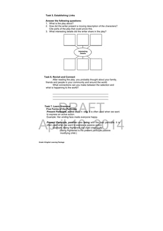 DRAFT
April 10, 2014
Grade 9 English Learning Package
Task 5. Establishing Links
Answer the following questions:
1. What is the play about?
2. How did the writer present a moving description of the characters?
Cite parts of the play that could prove this.
3. What interesting details did the writer share in the play?
Task 6. Revisit and Connect
After reading the play, you probably thought about your family,
friends and people in your community and around the world.
What connections can you make between the selection and
what is happening to the world?
___________________________________________
___________________________________________
___________________________________________
Task 7. Learn Grammar
Five Forms of the Participle
Present Participle, active ends in –ing. It is often used when we want
to express an active action.
Example: Her smiling face made everyone happy.
Present Participle, passive uses being with the past participle. It is
often used when we want to express a passive action.
. Example: Being frightened, the child cried loudly.
(Being frightened is the present participle passive
modifying child.)
Interesting
Details
 