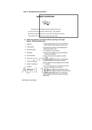 DRAFT
April 10, 2014
Grade 9 English Learning Package
Task 11. Recognizing Literary Device
A. Match the dramatic convention with its meaning on the right
column. Write the letters only.
1. soliloquy
2. improvisation
3. conscience alley
4. archetype.
5. stock character
6. fourth wall
7. interior monologue
.
8. exterior monologue
9. narration
10. pantomime
a. a technique whereby one or more performers
speak directly to the audience to tell a story.
b. spontaneous invention and development of
drama from within a role.
j. idealized model of a person or concept from
which similar instances are copied or emulated
expressions
f. relies heavily on cultural types or stereotypes
for its personality and manner of speech
i. the imaginary invisible wall at the front of the
stage through which the audience sees the action
g. This is where the actor speaks as if to himself
or herself.
e. This is where the actor speaks to another
person
h. an act of speaking one's thoughts aloud when
alone or regardless of any hearers
d. technique for exploring any kind of dilemma
faced by a character
DRAMATIC CONVENTIONS
Conventions are the established ways of working in drama and
are used to represent and organize dramatic ideas. They strengthen
and enhance the performance piece. They assist in the telling of a story and
offer insight into the character’s past, present, and even future.
c. The telling of a story without
 