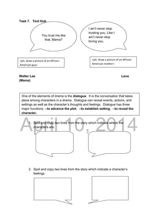 DRAFT
April 10, 2014
Task 7. Text Hub
Walter Lee Lena
(Mama)
--to advance the plot
Go over the dialogues of the characters in the play, “A Raisin in the
Sun”.
1. Spot and copy two lines from the story which indicate where the
characters are.
2. Spot and copy two lines from the story which indicate a character’s
feelings.
I ain’t never stop
trusting you. Like I
ain’t never stop
loving you.
You trust me like
that, Mama?
One of the elements of drama is the dialogue. It is the conversation that takes
place among characters in a drama. Dialogue can reveal events, actions, and
settings as well as the character’s thoughts and feelings. Dialogue has three
major functions: --to advance the plot; --to establish setting; --to reveal the
character.
 
 
 
<pls. draw a picture of an African‐
American guy> 
<pls. draw a picture of an African‐
American mother> 
 